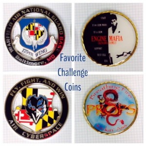 Two of Bart’s favorites: Baltimore, MD Air National Guard coin (left, front & back), Japanese Scarface-themed coin (right, front & back)